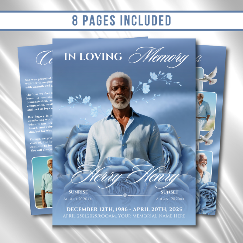 Horizon Roses Funeral Program Template: 8-Page Memorial (Canva PDF)