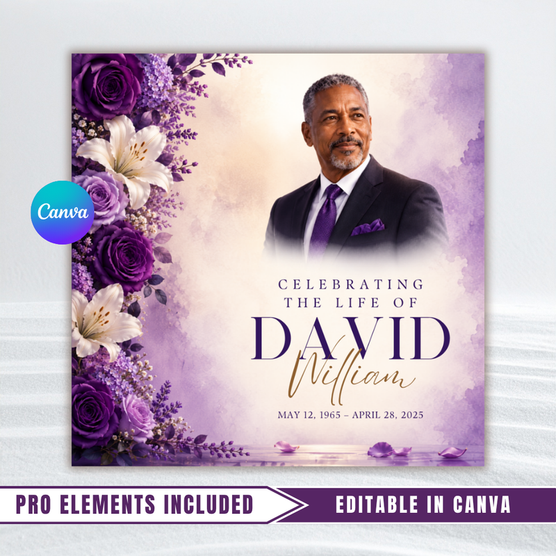 Purple & White Funeral Announcement Flyer, Celebration of Life Evite (Digital Download Canva Template 1080x1080px )