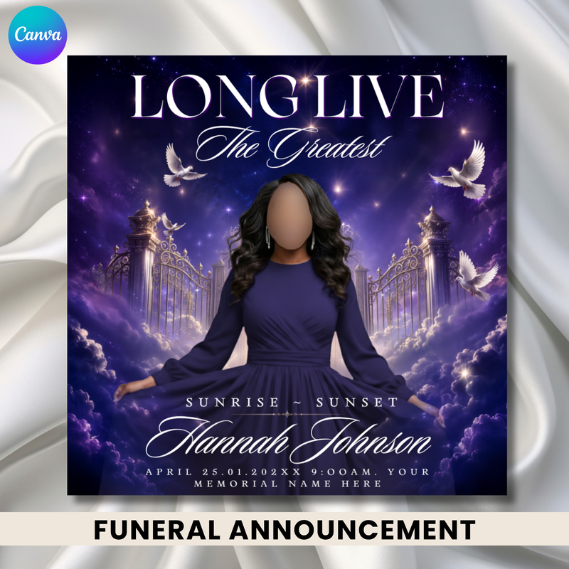 Purple Funeral Announcement Flyer, Celebration of Life Evite (Digital Download Canva Template 1080x1080px )