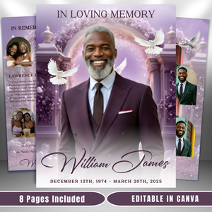Purple Funeral Program Template: 8-Page Memorial (Canva, PDF Download)