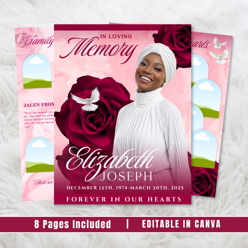 Red Roses Funeral Program Template: 8-Page Memorial, Celebration of Life (Canva, PDF Download)