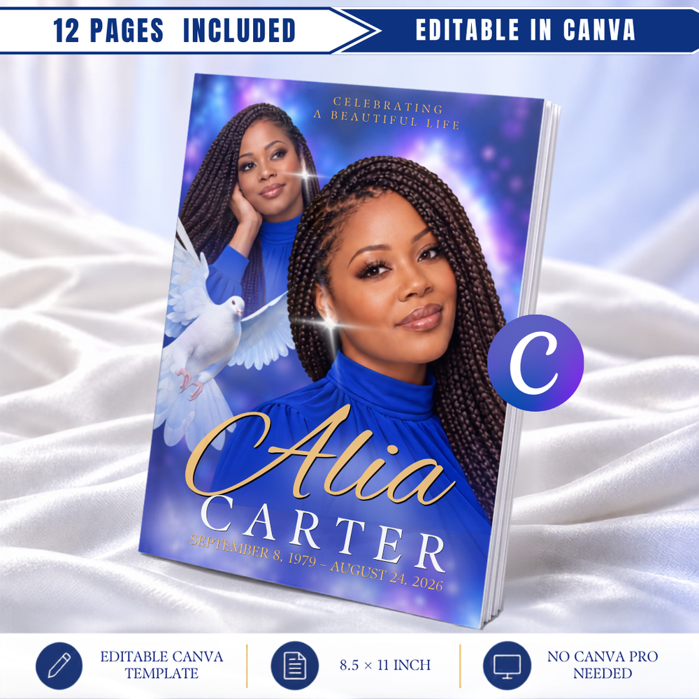 Blue & Gold Funeral Program Template: 12-Page Memorial (Canva PDF)