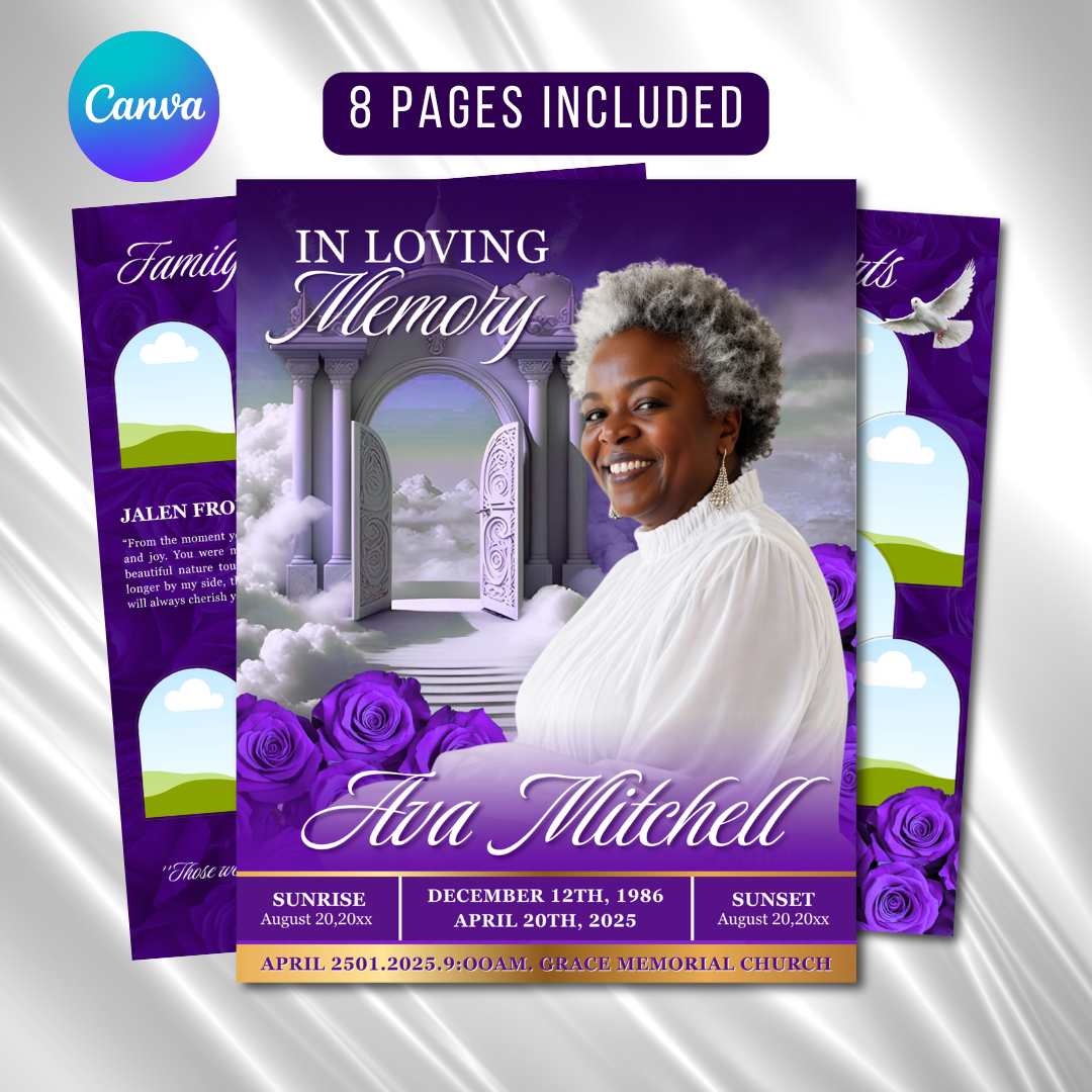 Purple Roses Funeral Program Template: 8-Page Memorial (Canva, Digital ...