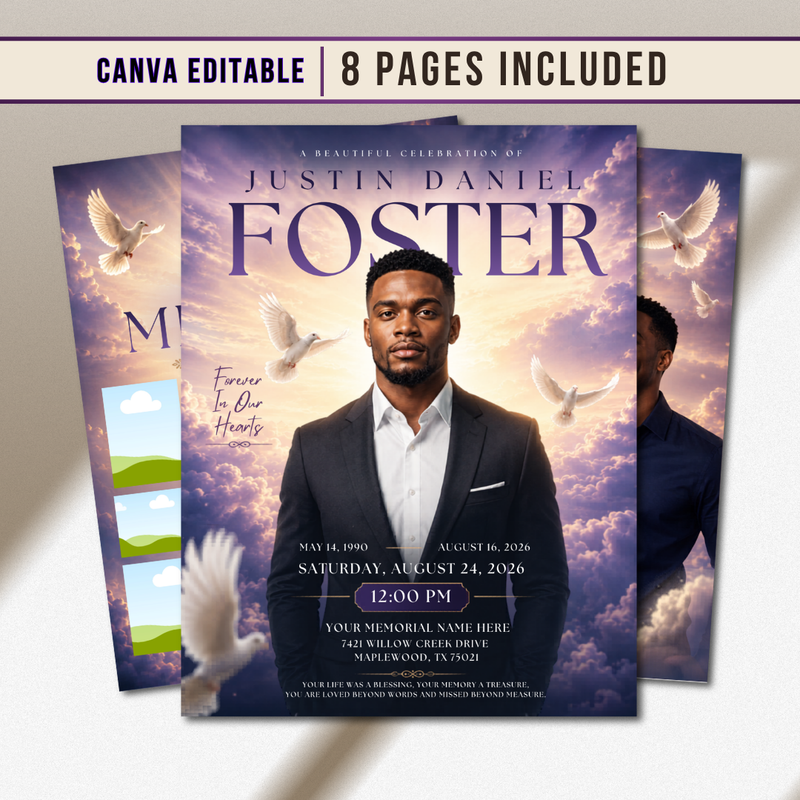 Purple Funeral Program Canva Template | Purple Theme | 8 Page Memorial Booklet