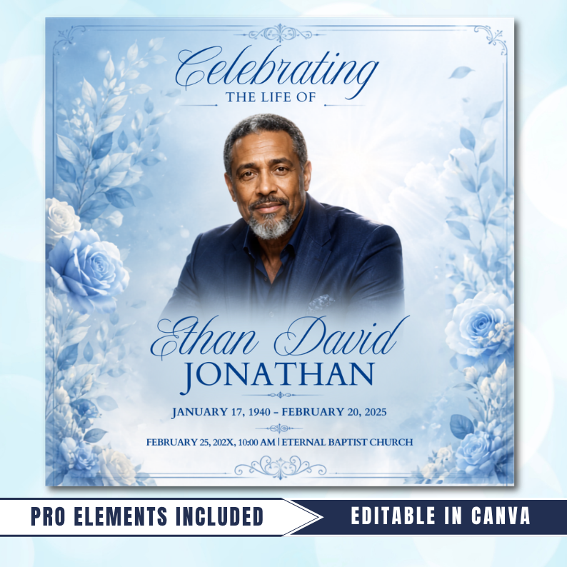 Blue Roses Funeral Announcement Flyer: Obituary, Celebration of Life (Canva Template PDF)