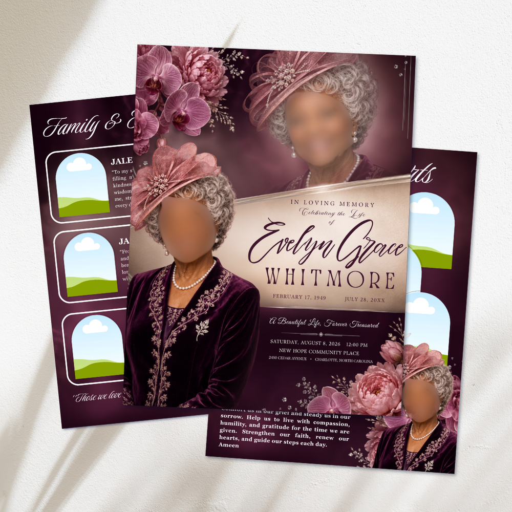 Vine Rose Funeral Program Template: 8-Page Memorial, Celebration of Life (Canva, PDF Download)