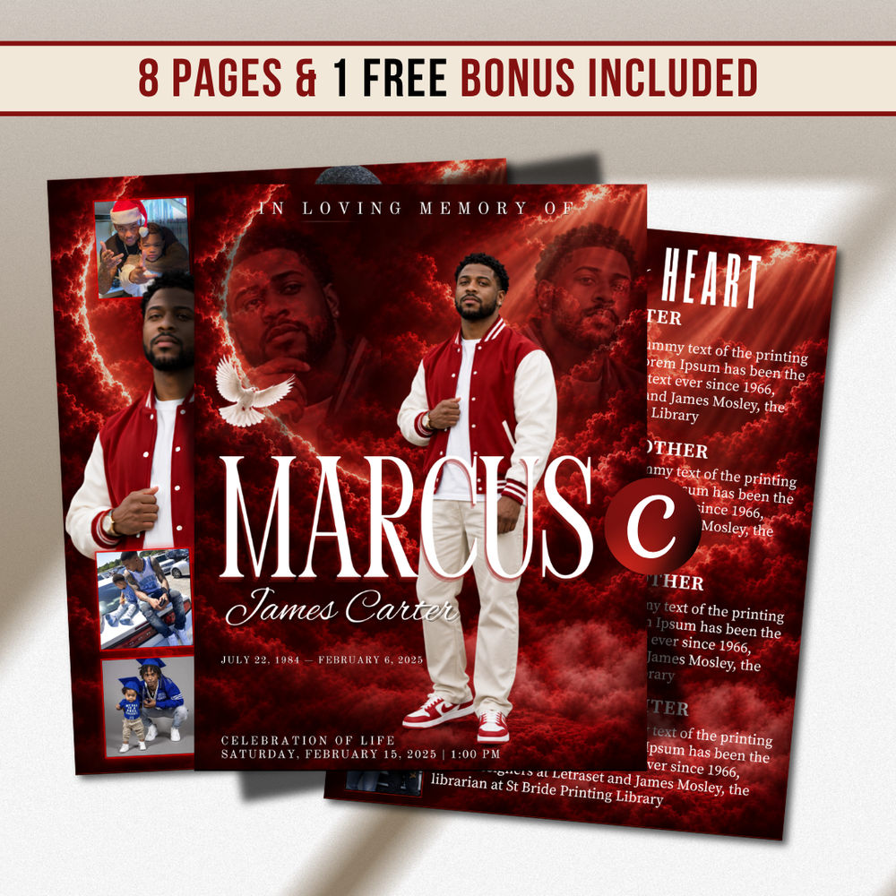 Red Funeral Program Canva Template | Red Theme | 8 Page Memorial Booklet (8.5 x 11 in)