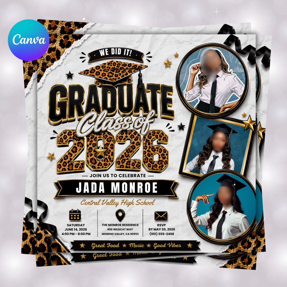 Editable Leopard Graduation Invitation Flyer, Graduation Party, Class Of 2026 Flyer, Graduate Flyer, Graduation Invitation Template