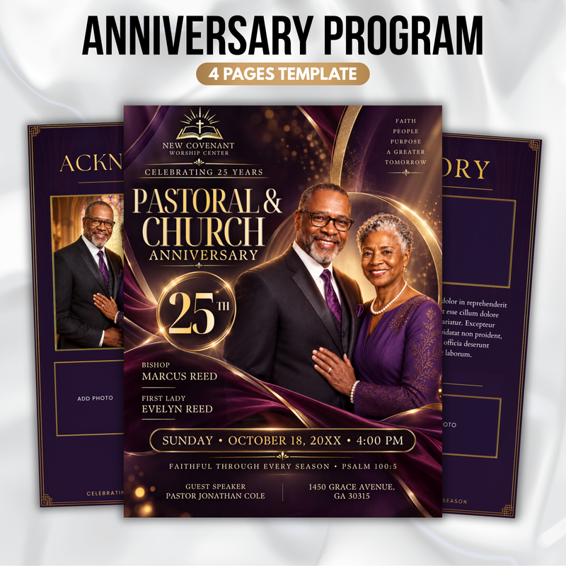 Purple Pastoral Anniversary Program Template, Pastor Appreciation, Church Anniversary, Church Services Program, Editable Canva, Church