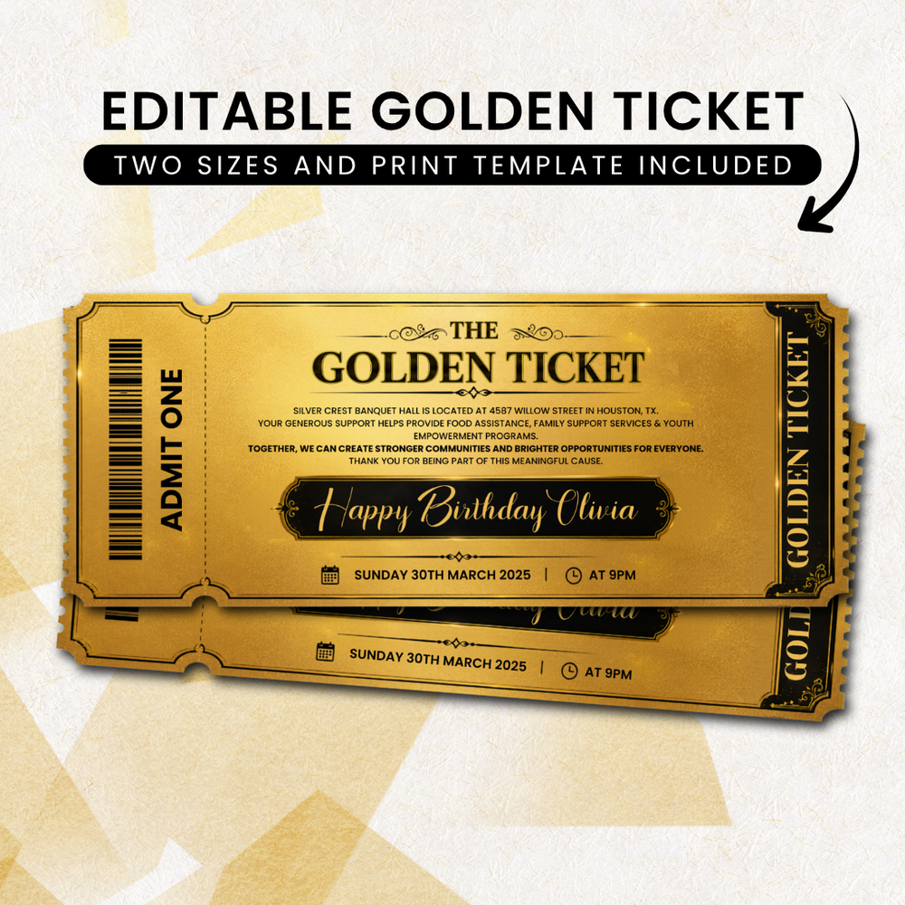 Golden Ticket Template, Printable Golden Ticket Editable Template, Golden Event Ticket, Custom Ticket Invitation, Golden Voucher Template