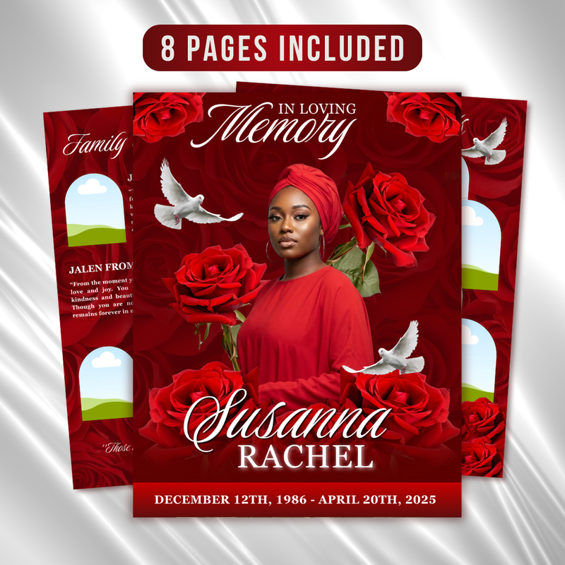Red Roses Funeral Program Template: Celebration of Life (Canva, 8 Pages, Digital Download)
