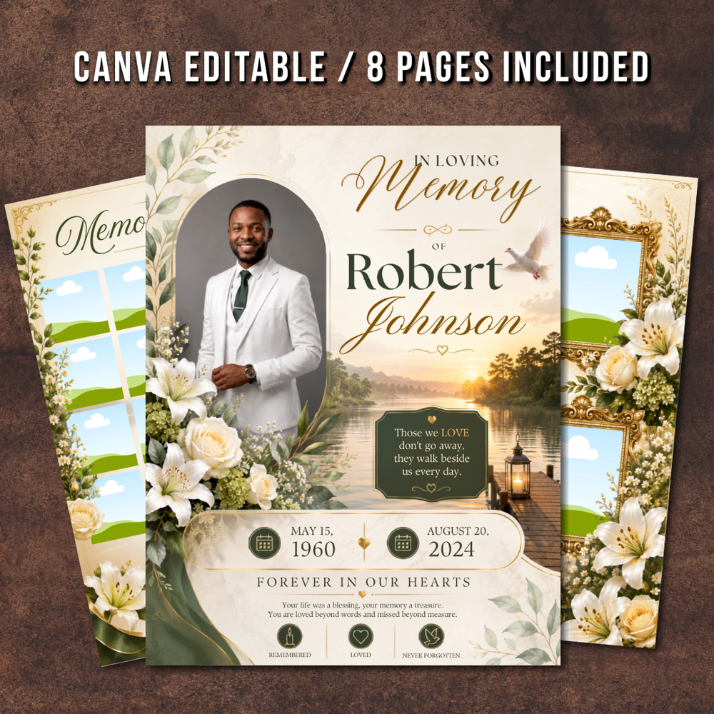 White & Green Funeral Program Canva Template | 8 Page Memorial Booklet