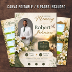 White & Green Funeral Program Canva Template | 8 Page Memorial Booklet