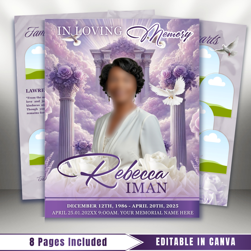 Purple Roses Funeral Program Template: 8-Page Memorial, Celebration of Life (Canva, PDF Download)