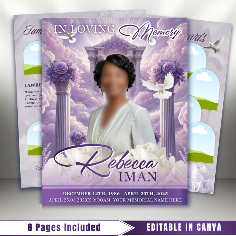Purple Roses Funeral Program Template: 8-Page Memorial, Celebration of Life (Canva, PDF Download)