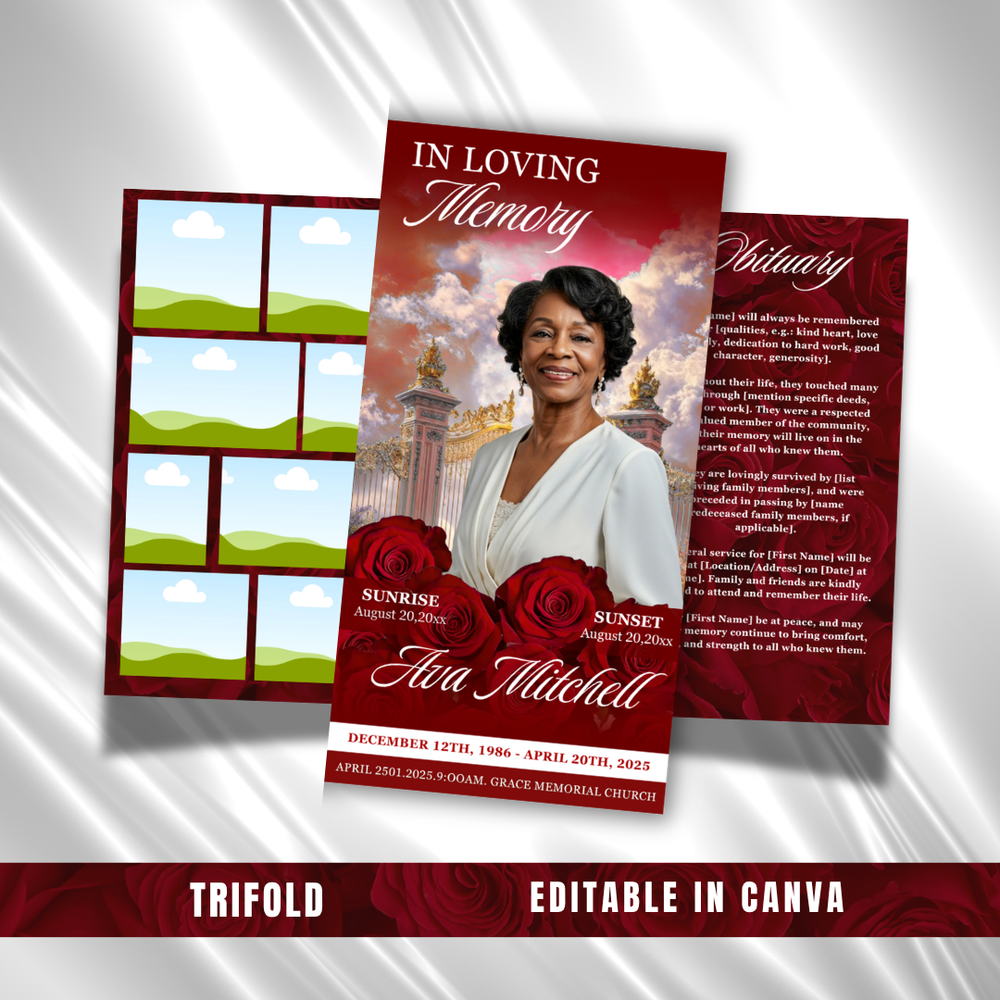 Red Roses Funeral Program Template: Trifold Memorial (Canva Template)