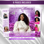 Purple Roses Funeral Program Template: 8-Page Memorial (Canva PDF)