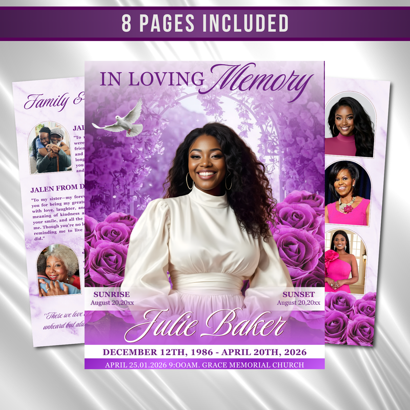 Purple Roses Funeral Program Template: 8-Page Memorial (Canva PDF)