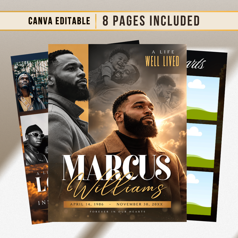 Back & Gold Funeral Program Canva Template | Gold Theme | 8 Page Memorial Booklet
