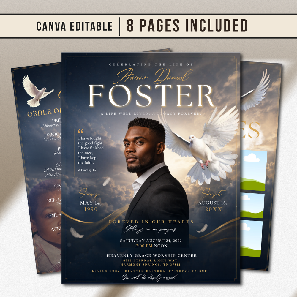 Elegant Funeral Program Canva Template | sky Theme | 8 Page Memorial Booklet