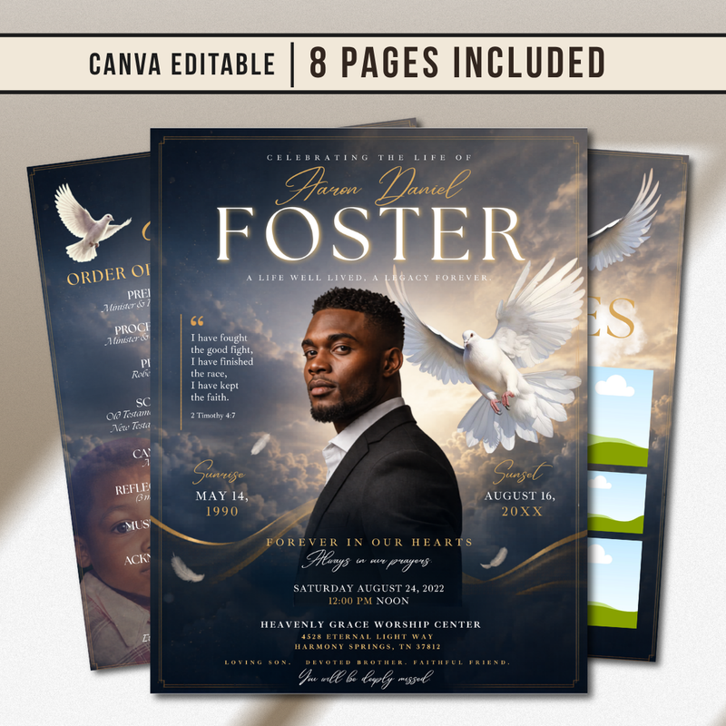 Elegant Funeral Program Canva Template | sky Theme | 8 Page Memorial Booklet