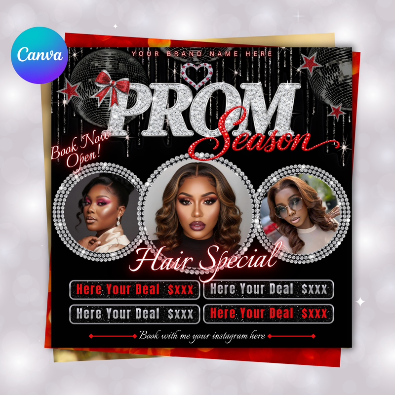Prom Booking Flyer, Prom Szn Special Flyer, Prom Season Special Deal Flyer, Homecoming Flyer, MUA Lashes Nails Hair Braids wig Flyer, canva