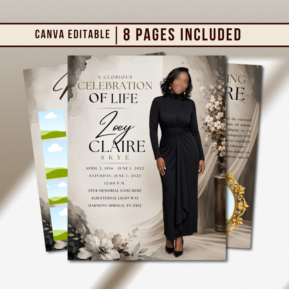 Back & Gold Funeral Program Canva Template | Gold Theme | 8 Page Memorial Booklet