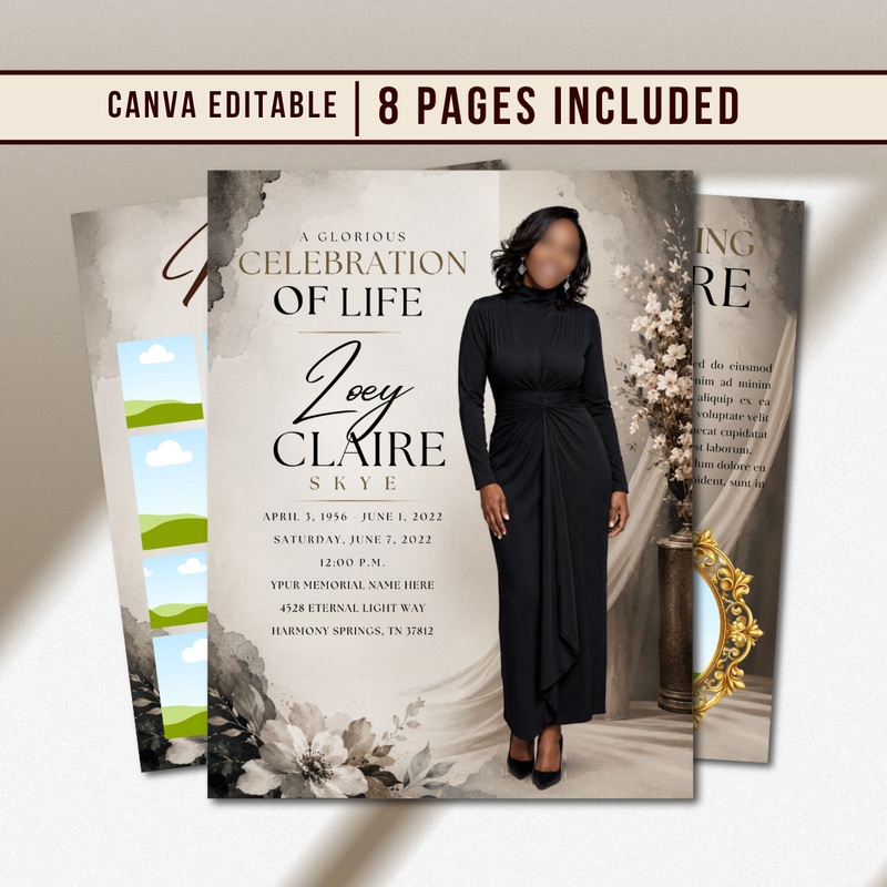 Back & Gold Funeral Program Canva Template | Gold Theme | 8 Page Memorial Booklet