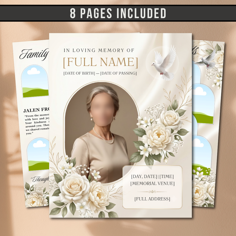 White Roses Funeral Program Template, Memorial Obituary (Canva Template)