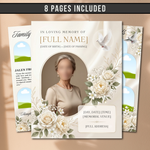 White Roses Funeral Program Template, Memorial Obituary (Canva Template)