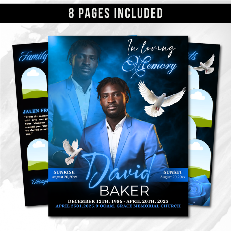 Blue and Black Funeral Program Template: 8-Page Memorial (Canva PDF)