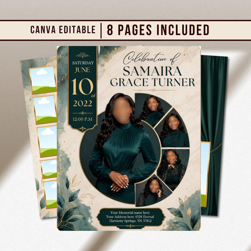 Green & Gold Funeral Program Canva Template |8 Page Memorial Booklet