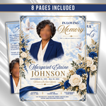 Royal Blue Roses Funeral Program Template: 8-Page Memorial (Canva PDF)