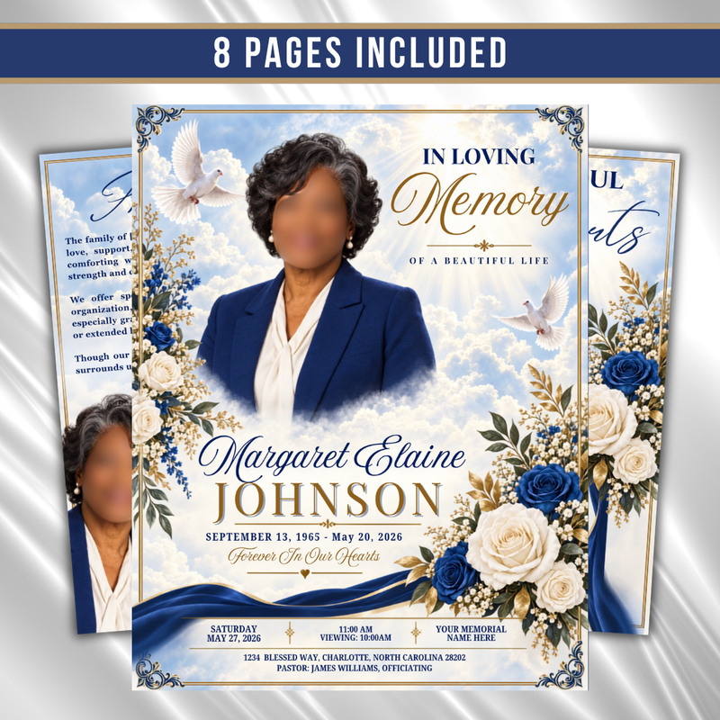 Royal Blue Roses Funeral Program Template: 8-Page Memorial (Canva PDF)