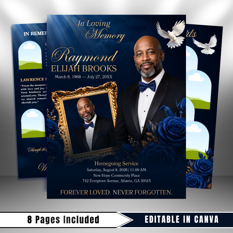 Blue Funeral Program Canva Template | 8 Page Memorial Booklet (Canva, PDF)