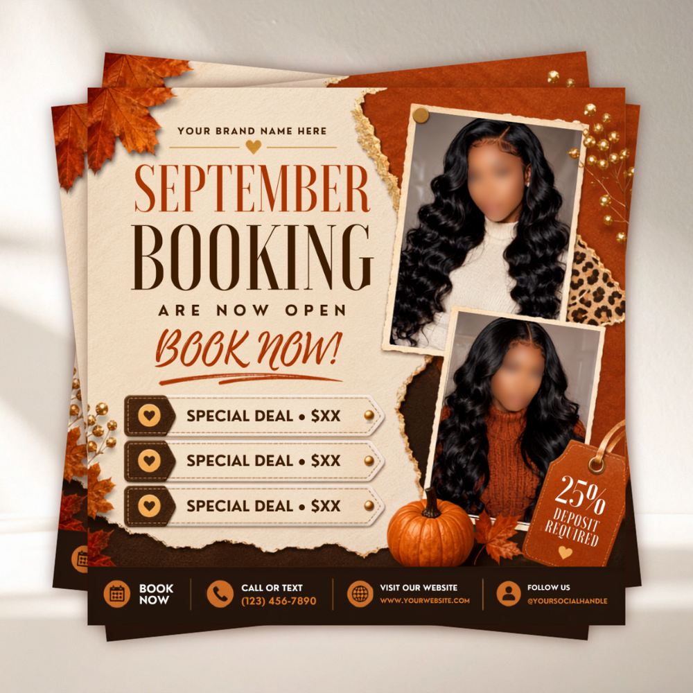 September Booking Flyer, Fall Booking Flyer, September Books Open Flyer, Hair Nails Wig Install Flyer, Salon Flyer, Editable Canva Template