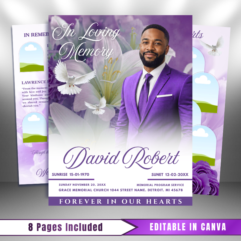 Purple Funeral Program Template: 8-Page Memorial (Canva, PDF Download)