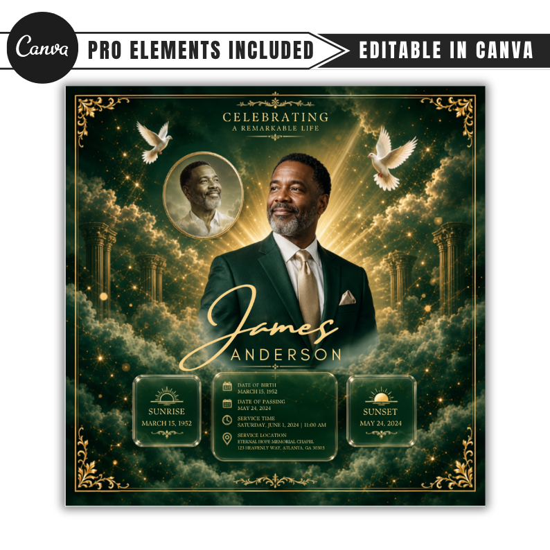 Green & Gold Funeral Announcement Flyer: Obituary, Celebration of Life (Canva Template PDF)