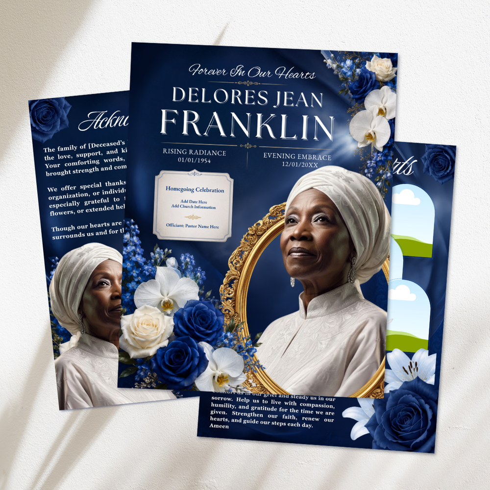 Blue Funeral Program Canva Template | 8 Page Memorial Booklet (Canva, PDF)