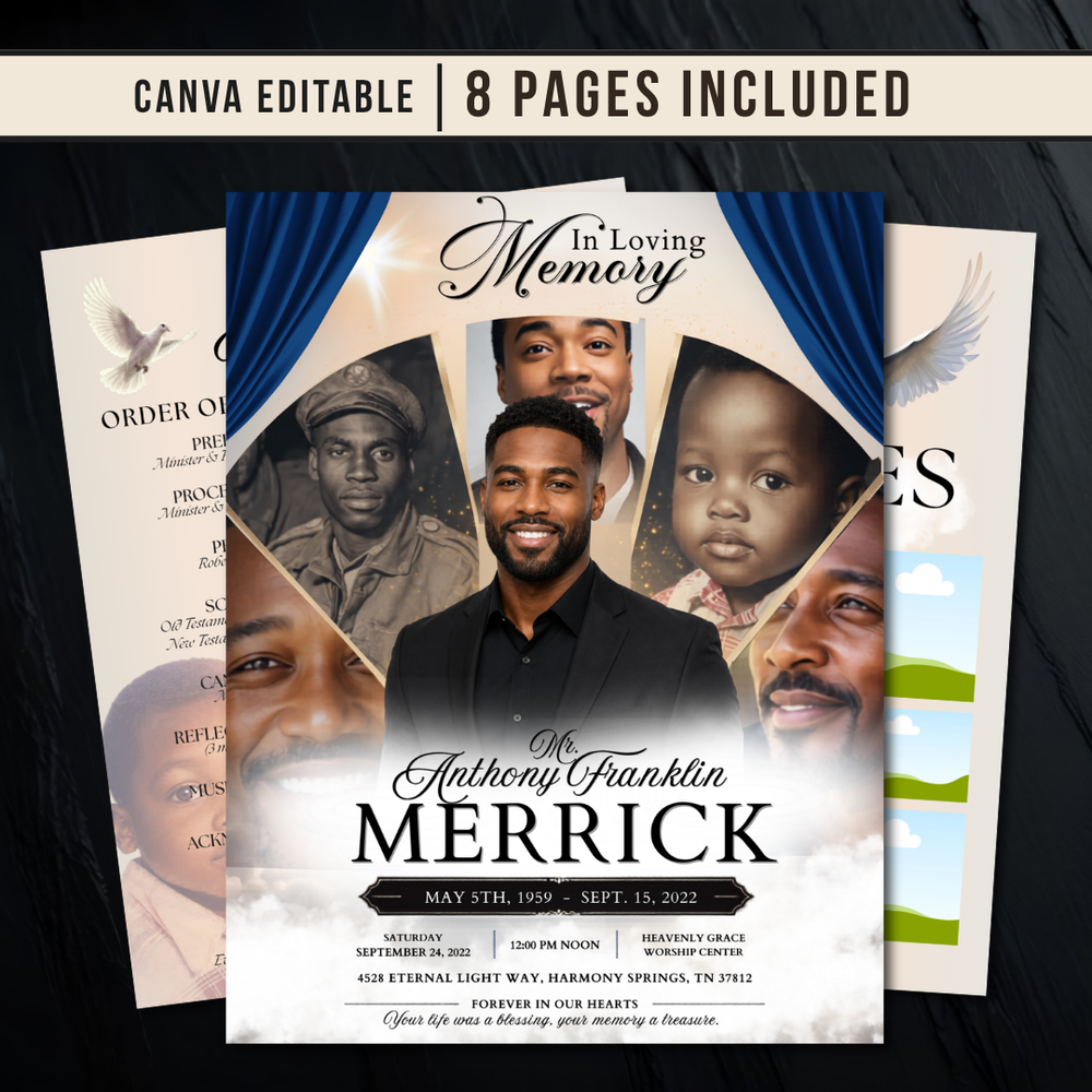 Elegant Funeral Program Canva Template |  8 Page Memorial Booklet