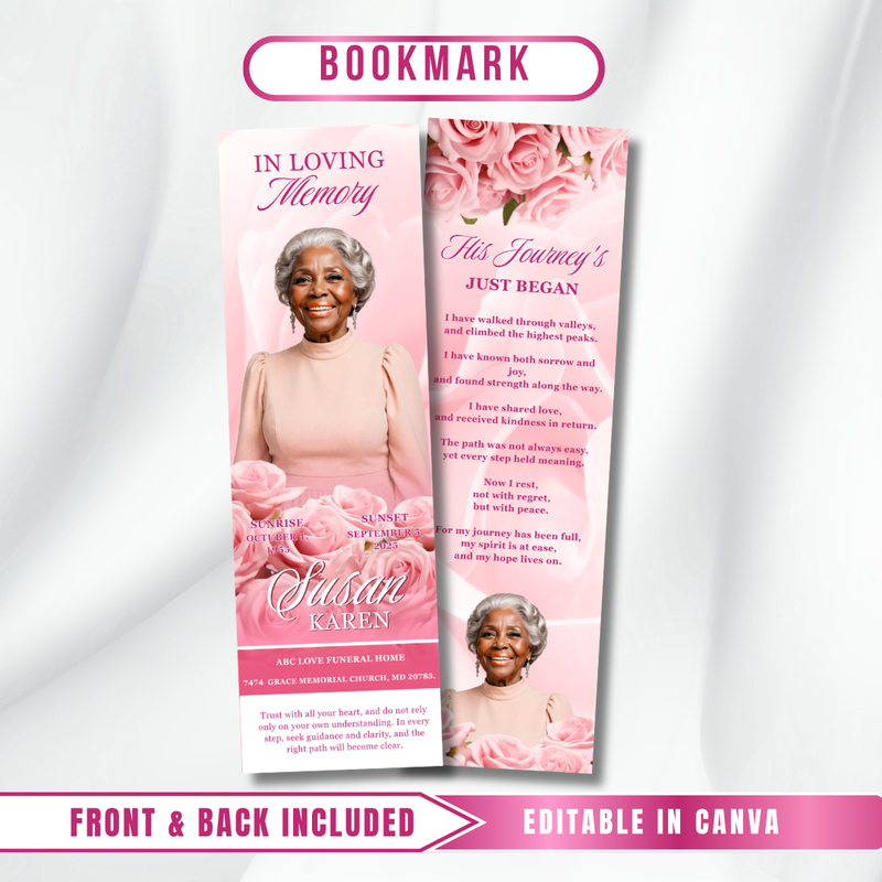 Pink Roses Memorial Bookmark Template: Funeral Keepsake (Canva PDF)