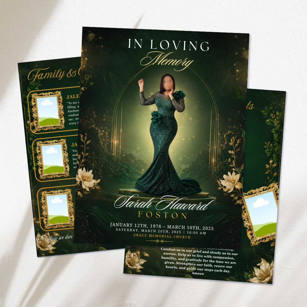 Green & Gold Funeral Program Template: 8-Page Memorial (Canva, 17x11 Digital Download)