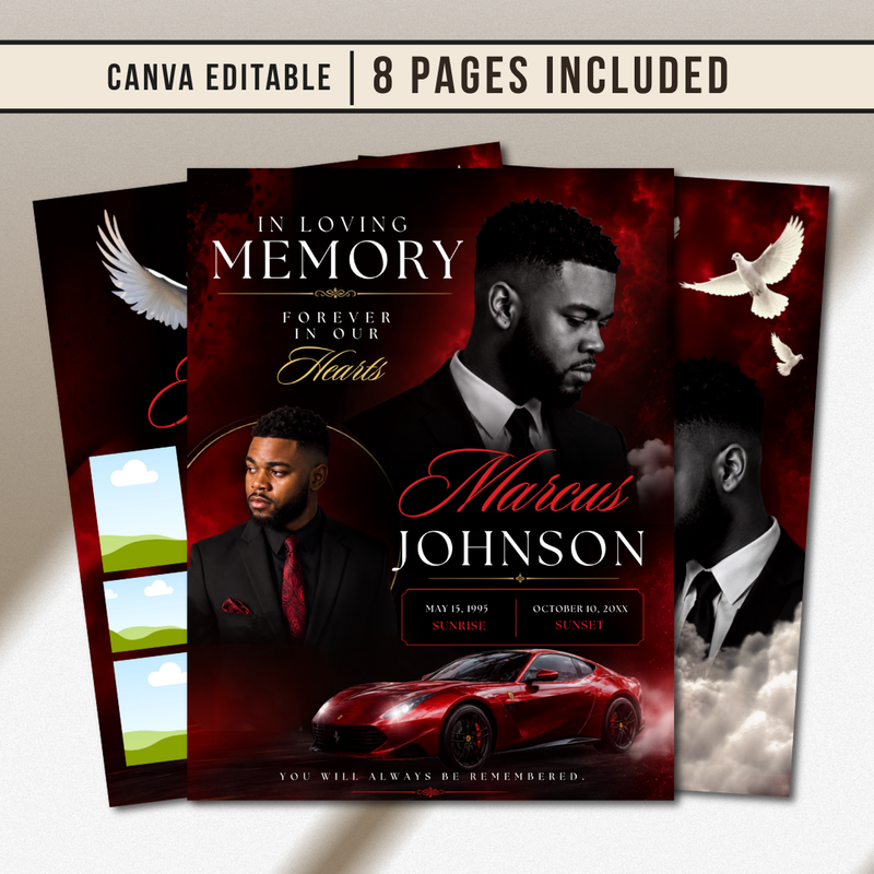 Red Funeral Program Canva Template | Red Theme | 8 Page Memorial Booklet