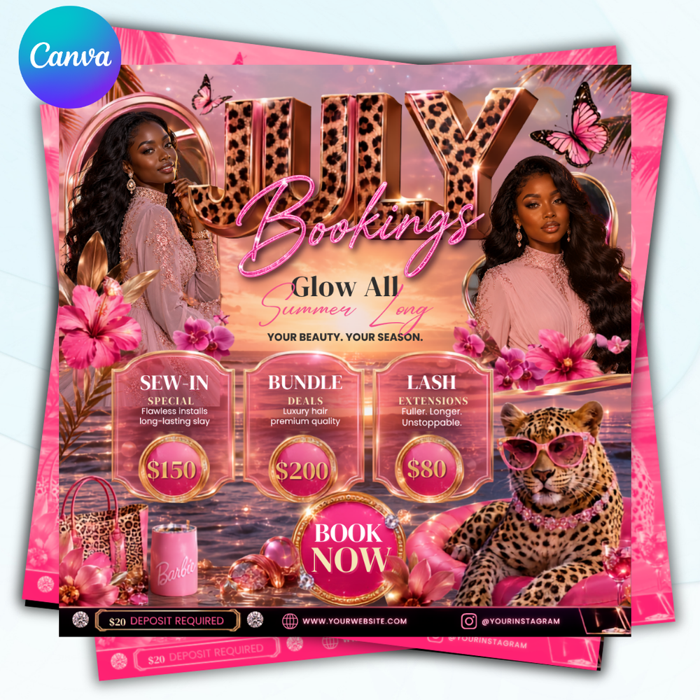 July Booking Flyer, Template Summer Beauty Flyer, Canva Editable Hair, Nails Lashes Makeup, July Books Open, DIY text, instant download