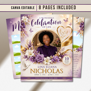 Elegant Funeral Program Canva Template | Purple & Gold Theme | 8 Page Memorial Booklet