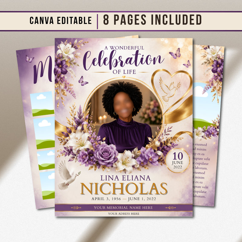 Elegant Funeral Program Canva Template | Purple & Gold Theme | 8 Page Memorial Booklet