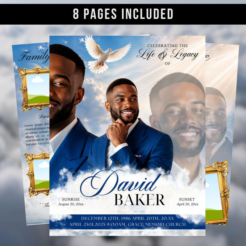 Sky Blue Clouds & Gold Frame Funeral Program Template – 8-Page Canva Booklet