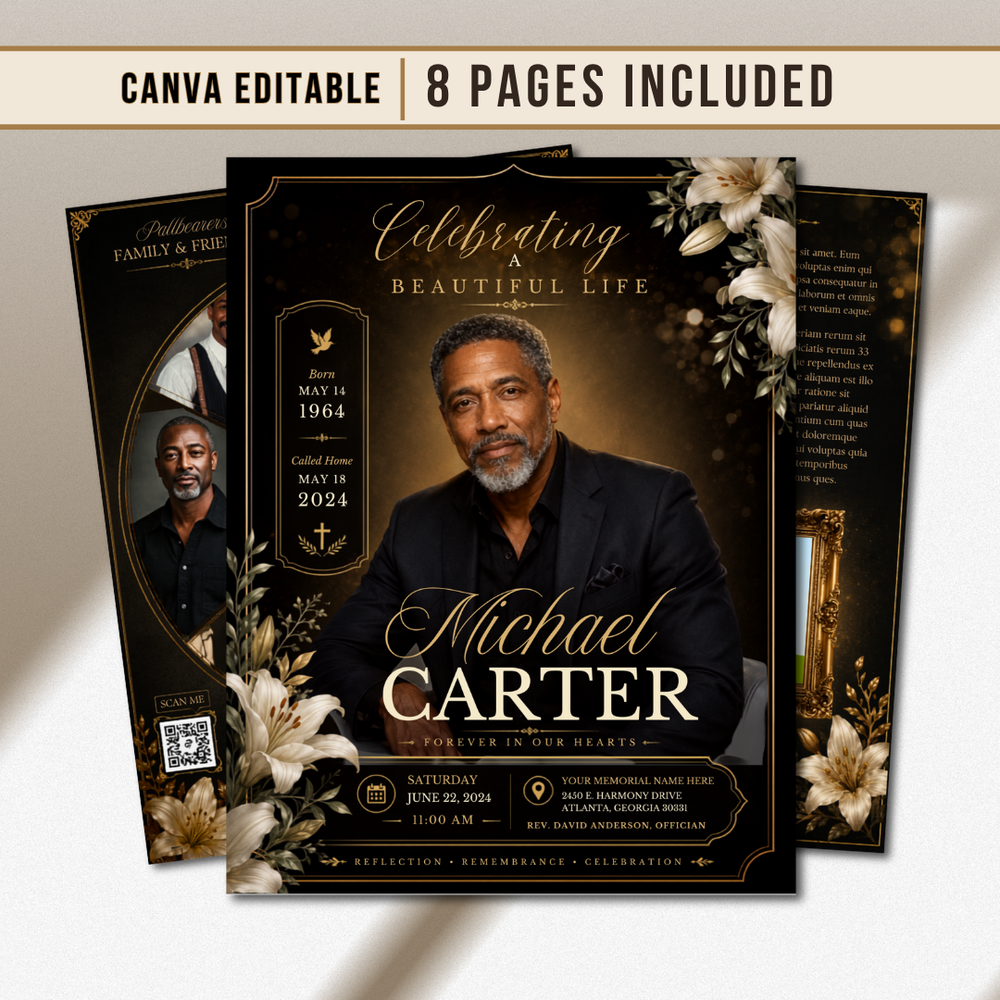 Back & Gold Funeral Program Canva Template | Gold Theme | 8 Page Memorial Booklet