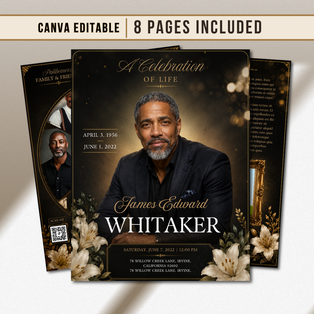 Elegant Funeral Program Canva Template | Gold Theme | 8 Page Memorial Booklet