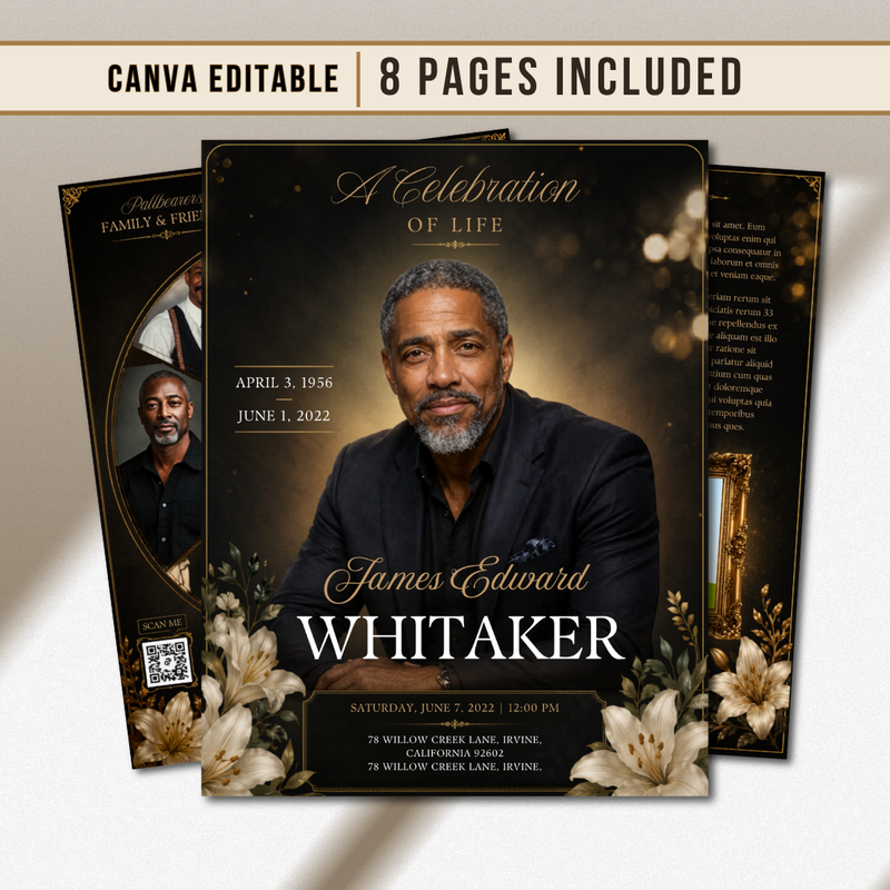 Elegant Funeral Program Canva Template | Gold Theme | 8 Page Memorial Booklet